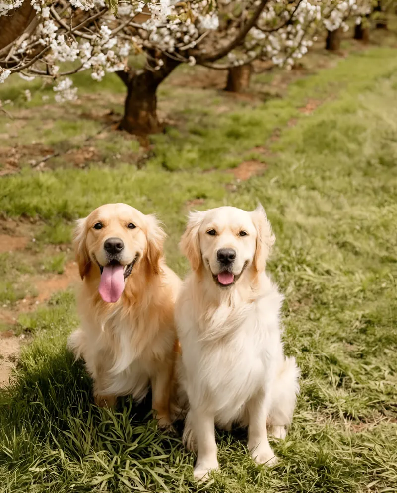 Two golden retrievers photographed in warm low light